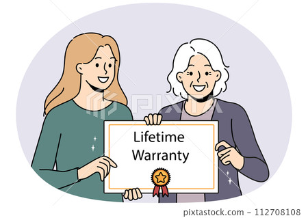 Happy old woman with lifetime warranty certificate 112708108