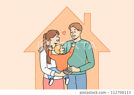 Family with baby is standing inside house after purchasing own home with mortgage Family with baby is standing inside house after purchasing own home with mortgage 112708113