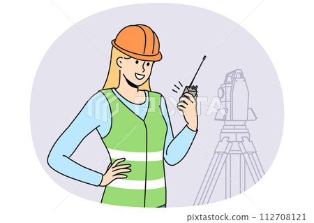 Smiling woman engineer work with geodetic equipment 112708121