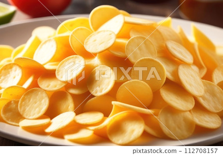 Indulge in a visual feast of thinly sliced potatoes ready for a delicious transformation 112708157