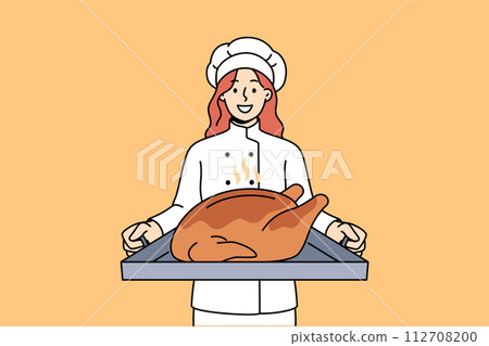 Cook with roast turkey on tray invites you to celebrate thanksgiving and eat meat together 112708200