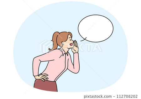Woman with speech bubble make announcement Woman with speech bubble make announcement 112708202