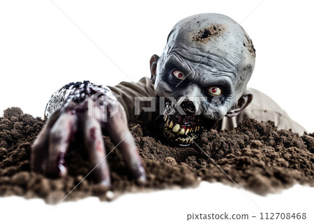 Bloody male zombie crawls out of the grave soil 112708468