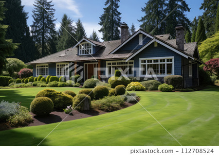 Luxury house with green lawn and backyard Luxury house with green lawn and backyard 112708524
