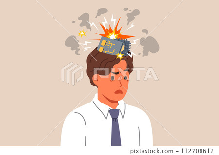 Man robot with exploding computer boards in head due to overload with work tasks 112708612