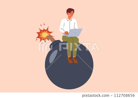 Business man is in danger due to investment in risky project, sitting on bomb with laptop on lap Business man is in danger due to investment in risky project, sitting on bomb with laptop on lap 112708656