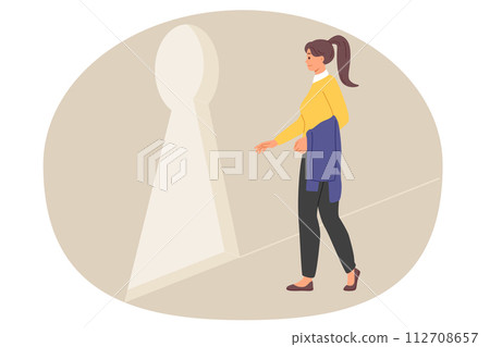 Woman found way out of difficult situation goes to giant keyhole in wall, as metaphor challenge 112708657