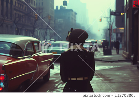 Vintage photo of woman at city street with cars 112708803