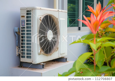 Air conditioning unit compressor on building wall outside Air conditioning unit compressor on building wall outside 112708807