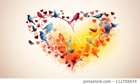 Many birds perched on branches form a heart shape, AI Generated Many birds perched on branches form a heart shape, AI Generated 112708834