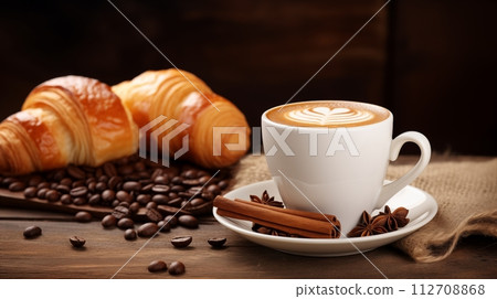 Coffee with croissants, enriched with coffee beans, AI Generated Coffee with croissants, enriched with coffee beans, AI Generated 112708868