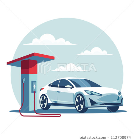 Modern electric car at a charging station. Green technology. Illustration, vector 112708974
