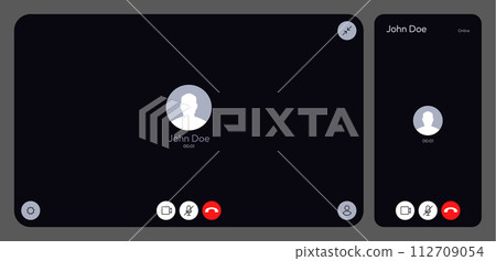 Video call UI. Online meeting chat conversation interface, web conference app with video call and voice call. Vector mockup Video call UI. Online meeting chat conversation interface, web conference app with video call and voice call. Vector mockup 112709054