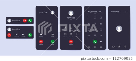 Incoming call UI elements. Smartphone overlay with accept decline call buttons, mobile phone screen with text message and call icons Incoming call UI elements. Smartphone overlay with accept decline call buttons, mobile phone screen with text message and call icons 112709055