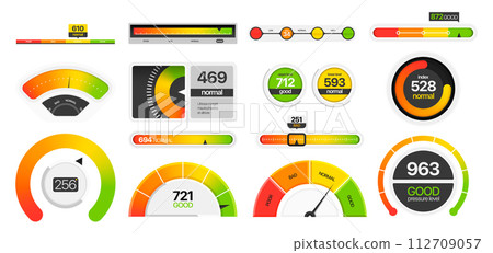 Gauges measuring scale. Progress bar and tachometer dials, energy level and speedometer, quality rating and score infographic 112709057