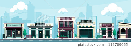 Shopping street. Cartoon city street with stores and cafe, sidewalk with trees and benches, urban landscape with storefronts 112709065