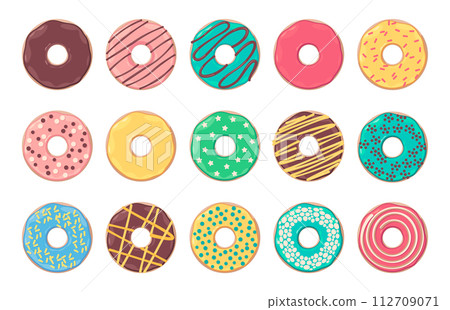 Cartoon donut. Cute colorful bakery glazed donut with hole, colorful sweet pastry donuts for kids birthday party, cute bakery dessert 112709071