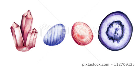 Hand drawn gemstone Agate, diamond and amethyst slice crystal, heart chakra rhodochrosite marker illustrations in watercolor style. Minerals isolated on white background. Clip art for designers, Hand drawn gemstone Agate, diamond and amethyst slice crystal, heart chakra rhodochrosite marker illustrations in watercolor style. Minerals isolated on white background. Clip art for designers, 112709123