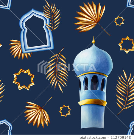 Watercolor seamless pattern with Islamic minaret, golden pampas grass, date palm branch, arabic frames illustrations isolated on white background. Botanical, wedding and Ramadan Kareem or Eid Al Adha 112709148