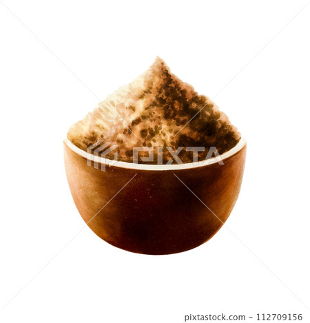 Watercolor brown ceramic bowl of cocoa powder or cinnamon. Hand drawn half cacao, beens, realistic organic superfood illustration isolated on white background. For designers, packaging design, menu, 112709156