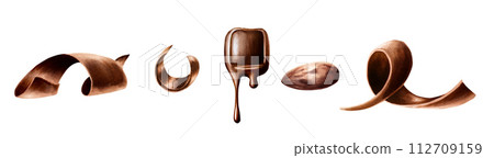 Watercolor set of curl slices of chocolate, melted chocolate bar and cocoa beans. Hand drawn coiled sweet delicious realistic illustration isolated on white background. For designers, packaging Watercolor set of curl slices of chocolate, melted chocolate bar and cocoa beans. Hand drawn coiled sweet delicious realistic illustration isolated on white background. For designers, packaging 112709159
