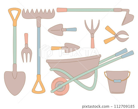 Set of gardening items. Agricultural and garden tools. Gardening and farm equipment. Vector isolated on white background 112709185