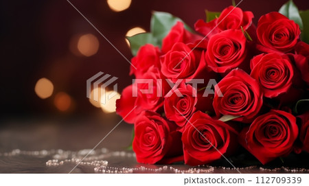 Lush red rose bouquet displayed elegantly on a table, AI Generated 112709339