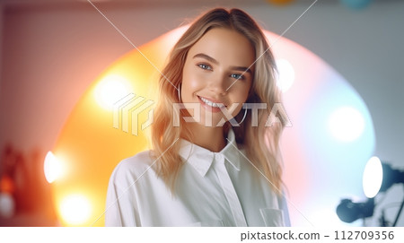 Gorgeous influencer prepares, stands with work equipment for video, AI Generated 112709356
