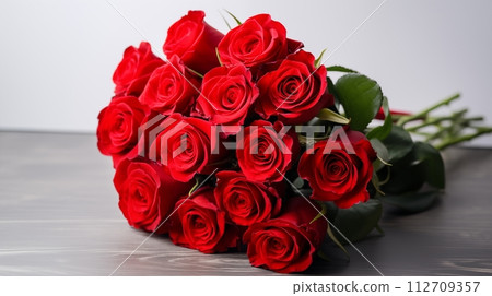 Lush red rose bouquet displayed elegantly on a table AI Generated Lush red rose bouquet displayed elegantly on a table AI Generated 112709357