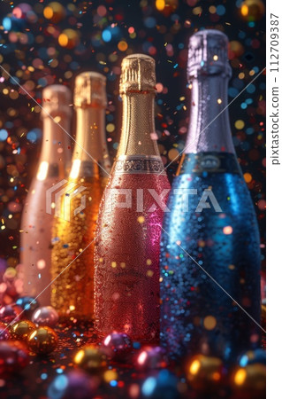 Champagne set with an empty label on a festive background with balloons 112709387