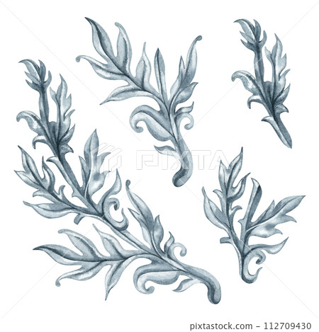 Watercolor abstract gray monochrome plant pattern and drawing of branch with leaves for borders, frames, background, textiles, fabrics, cards, souvenirs, packaging, scrapbooking, invitations, greeting 112709430
