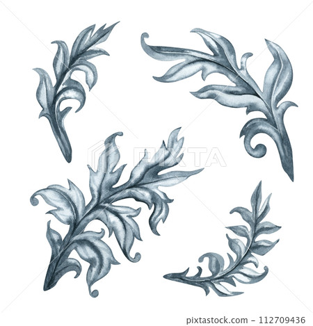 Watercolor abstract gray monochrome plant pattern and drawing of branch with leaves for borders, frames, background, textiles, fabrics, cards, souvenirs, packaging, scrapbooking, invitations, greeting Watercolor abstract gray monochrome plant pattern and drawing of branch with leaves for borders, frames, background, textiles, fabrics, cards, souvenirs, packaging, scrapbooking, invitations, greeting 112709436
