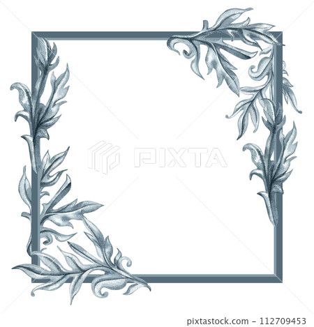 Watercolor monochrome gray frame of abstract plant patterns and branches with leaves for borders, frames, background, textiles, fabrics, cards, stickers, scrapbooking, invitations, greetings Watercolor monochrome gray frame of abstract plant patterns and branches with leaves for borders, frames, background, textiles, fabrics, cards, stickers, scrapbooking, invitations, greetings 112709453