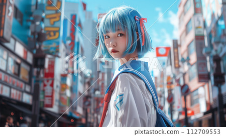 穿著動漫高中女生服裝的女孩 穿著動漫高中女生服裝的女孩 112709553