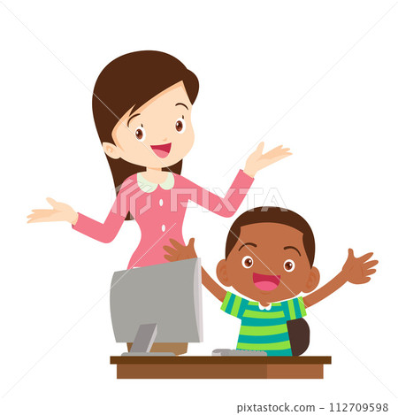 happy teacher and student learning computer 112709598
