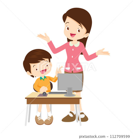 happy teacher and student learning computer 112709599