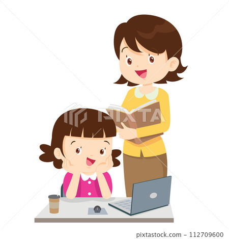 happy teacher and student learning computer 112709600