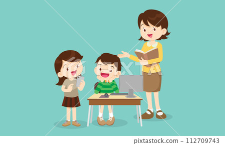 teacher and kids learning computer technology education courses teacher and kids learning computer technology education courses 112709743