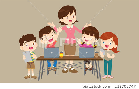 teacher and kids learning computer technology education courses 112709747