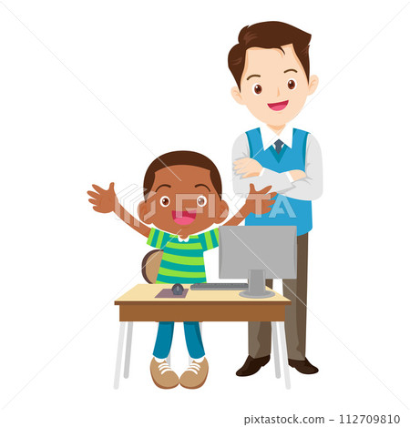 happy teacher and student learning computer 112709810