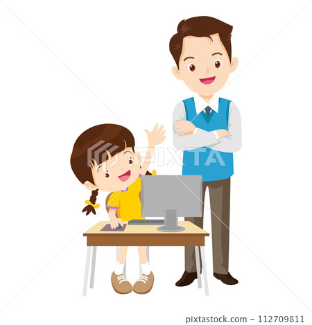 happy teacher and student learning computer 112709811