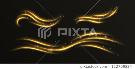Golden light trails, light in motion, glowing speed lines with sparkles. Bright gold decoration, luminescent swirls. 112709824