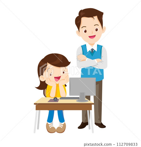 happy teacher and student learning computer 112709833