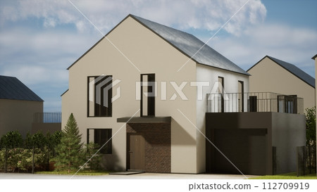 Architecture 3d rendering illustration of modern minimal house in cottage development 112709919