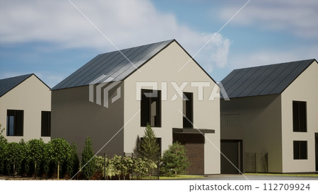 Architecture 3d rendering illustration of modern minimal house in cottage development Architecture 3d rendering illustration of modern minimal house in cottage development 112709924
