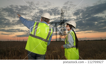 Engineer points by hand on power transmission lines to young trainee in evening field. Electricians inspects power distribution substation equipment in sunset field. Workers at power generation plant 112709927