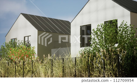 Architecture 3d rendering illustration of modern minimal house in cottage development Architecture 3d rendering illustration of modern minimal house in cottage development 112709954