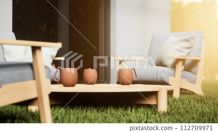 design and furniture in modern patio. 3d render design and furniture in modern patio. 3d render 112709971