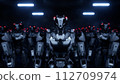 3d rendering of walking robotics army, industrial group of cyborg machines on white and green screen studio background. 112709974