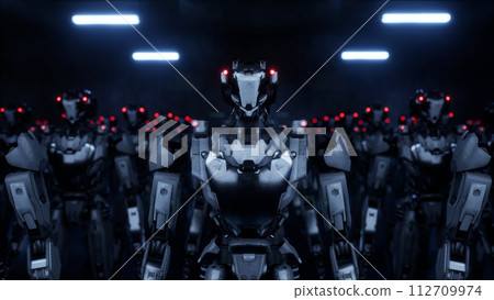 3d rendering of walking robotics army, industrial group of cyborg machines on white and green screen studio background. 112709974